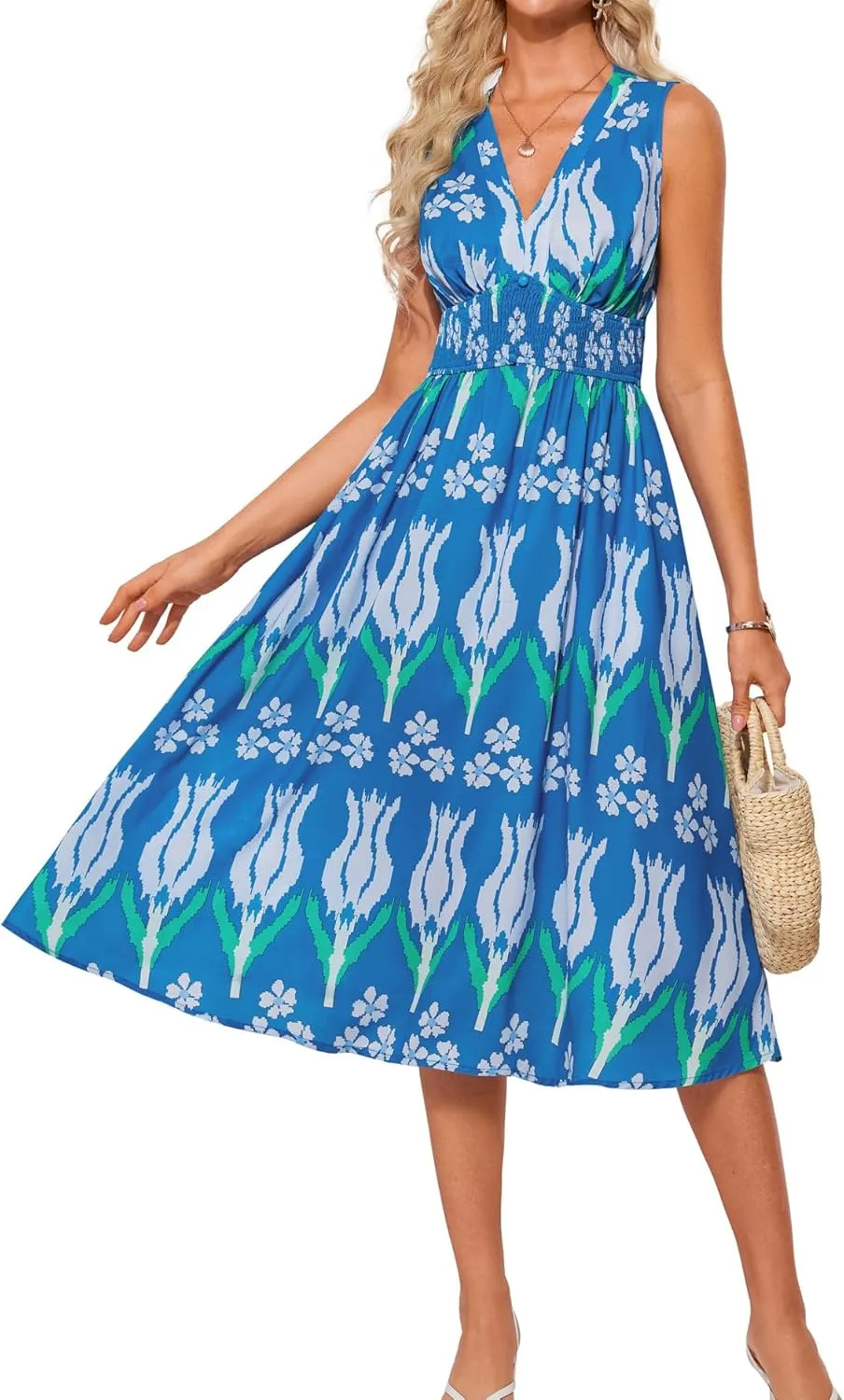 GRACE KARIN Women's 2025 Casual Summer Tank Dress V Neck Sleeveless Midi Floral Beach Dress with Pockets