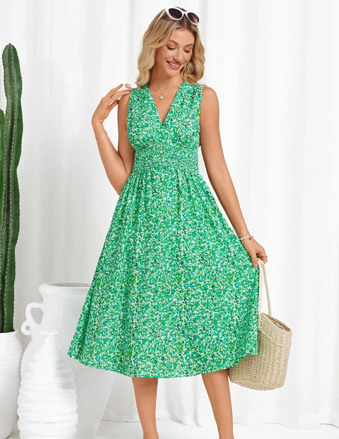 GRACE KARIN Women's 2025 Casual Summer Tank Dress V Neck Sleeveless Midi Floral Beach Dress with Pockets