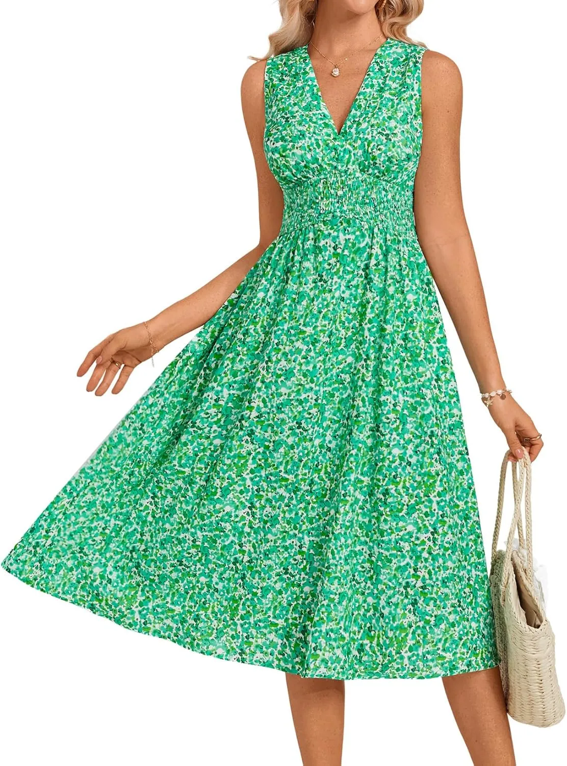 GRACE KARIN Women's 2025 Casual Summer Tank Dress V Neck Sleeveless Midi Floral Beach Dress with Pockets