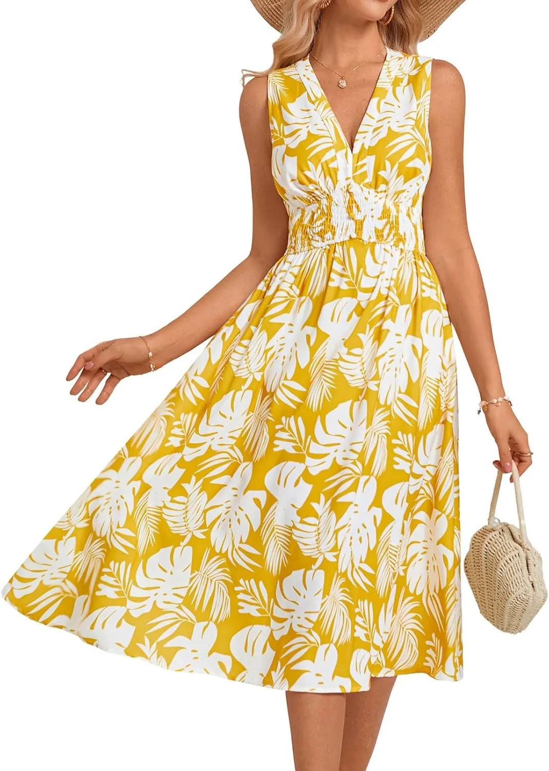 GRACE KARIN Women's 2025 Casual Summer Tank Dress V Neck Sleeveless Midi Floral Beach Dress with Pockets