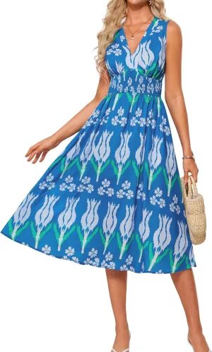 GRACE KARIN Women's 2025 Casual Summer Tank Dress V Neck Sleeveless Midi Floral Beach Dress with Pockets