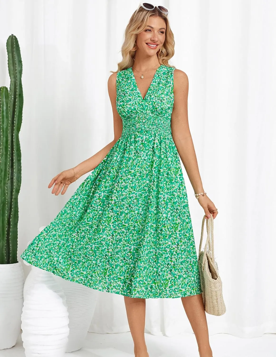 GRACE KARIN Women's 2025 Casual Summer Tank Dress V Neck Sleeveless Midi Floral Beach Dress with Pockets