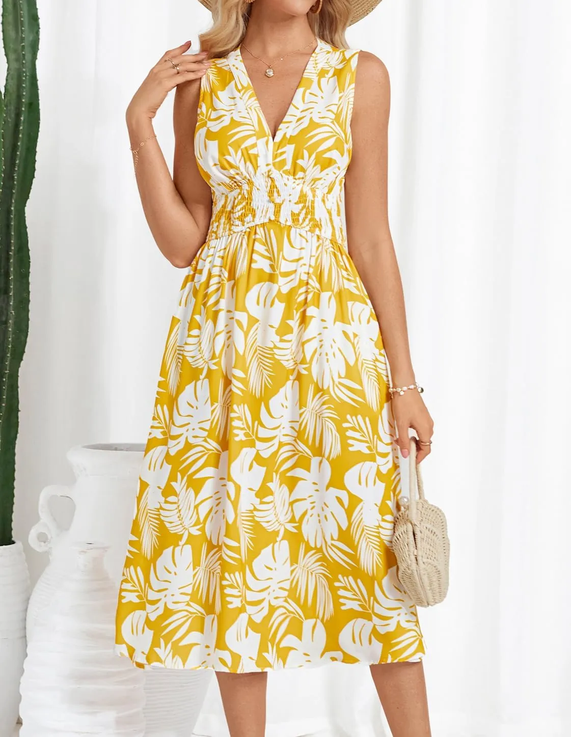 GRACE KARIN Women's 2025 Casual Summer Tank Dress V Neck Sleeveless Midi Floral Beach Dress with Pockets
