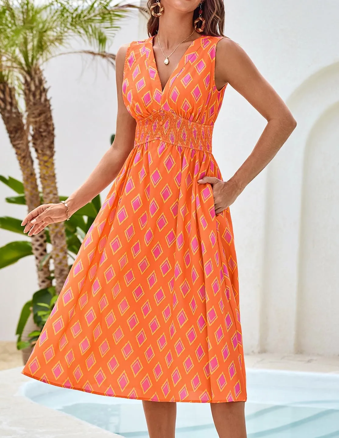 GRACE KARIN Women's 2025 Casual Summer Tank Dress V Neck Sleeveless Midi Floral Beach Dress with Pockets