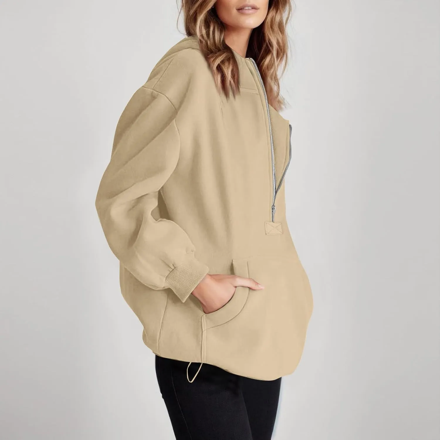 Half Zip Hoodies for Women Trendy Fleece Long Sleeve Oversized Sweatshirt Preppy Cute Pullover Sweaters with Pockets