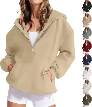 Half Zip Hoodies for Women Trendy Fleece Long Sleeve Oversized Sweatshirt Preppy Cute Pullover Sweaters with Pockets