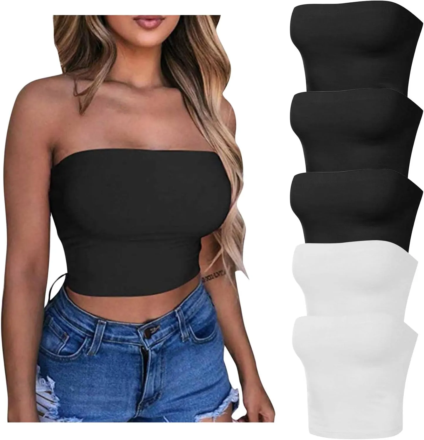 HGps8w 5 Pack Women's Cute Tube Crop Tops Strapless Basic Solid Sleeveless Stretchy Seamless Bandeau Shirts