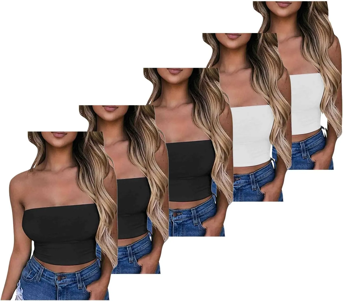 HGps8w 5 Pack Women's Cute Tube Crop Tops Strapless Basic Solid Sleeveless Stretchy Seamless Bandeau Shirts
