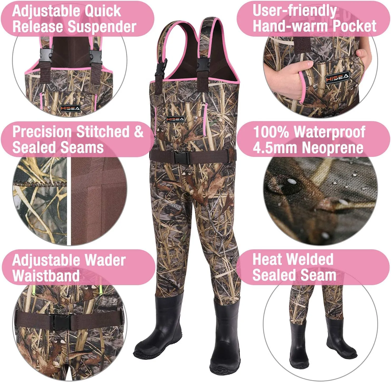 HISEA Kids Chest Waders for Toddler & Children Neoprene Youth Duck Hunting Waders for Kids Boys Girls with Insulated Boots