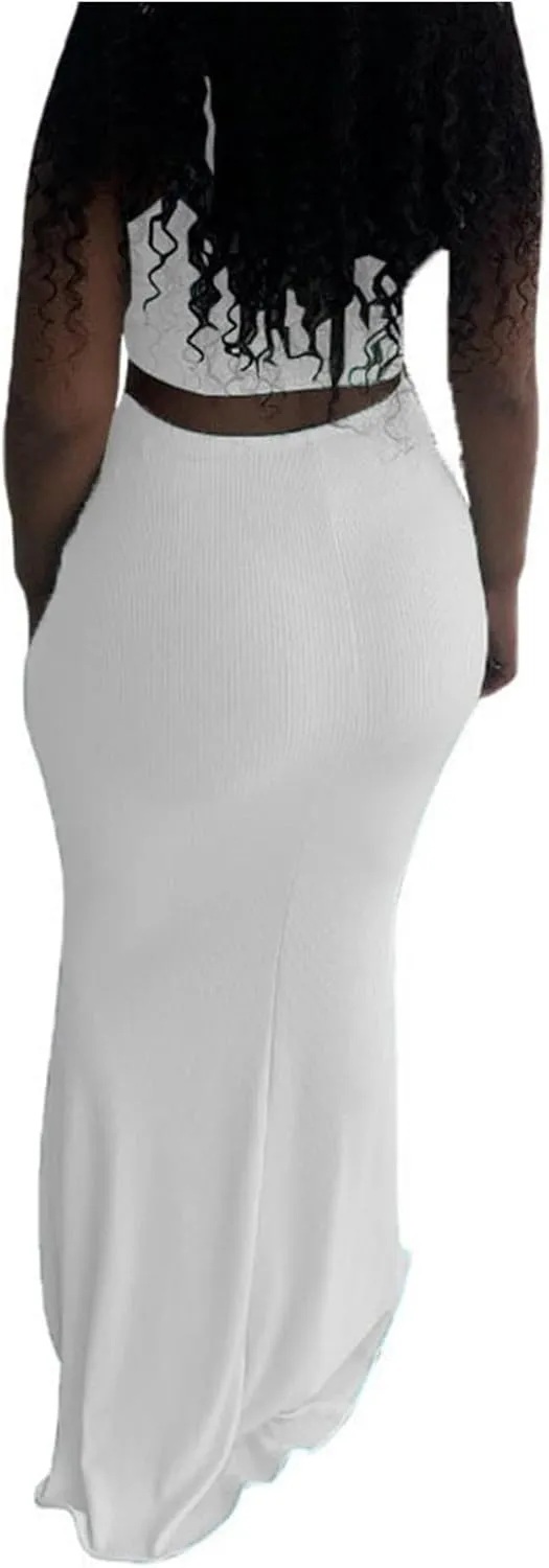 hlysgo Two Piece Outfits for Women Sexy Shirring Sleeveless Round Neck Crop Tops Drawstring Waist Maxi Skirt Lounge Set
