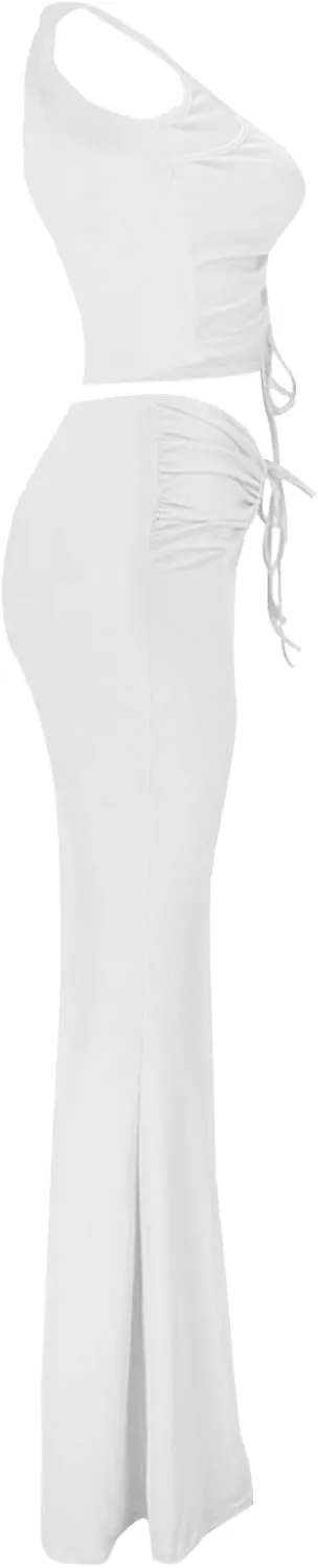 hlysgo Two Piece Outfits for Women Sexy Shirring Sleeveless Round Neck Crop Tops Drawstring Waist Maxi Skirt Lounge Set