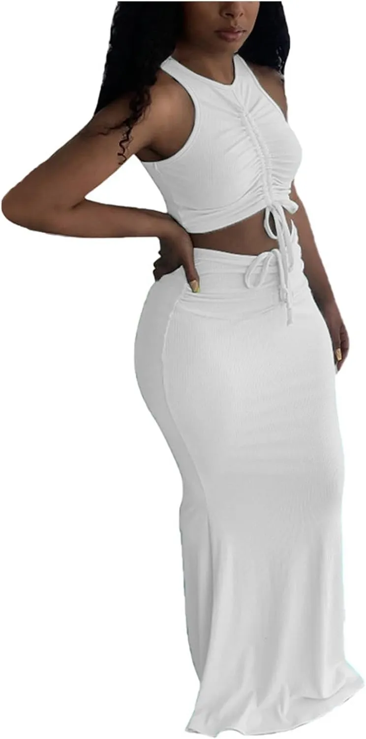 hlysgo Two Piece Outfits for Women Sexy Shirring Sleeveless Round Neck Crop Tops Drawstring Waist Maxi Skirt Lounge Set
