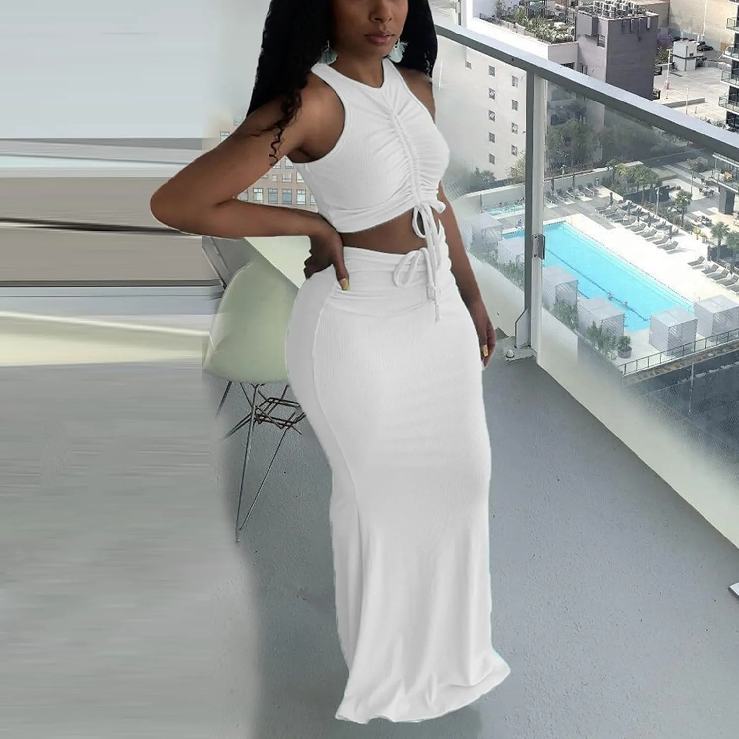 hlysgo Two Piece Outfits for Women Sexy Shirring Sleeveless Round Neck Crop Tops Drawstring Waist Maxi Skirt Lounge Set