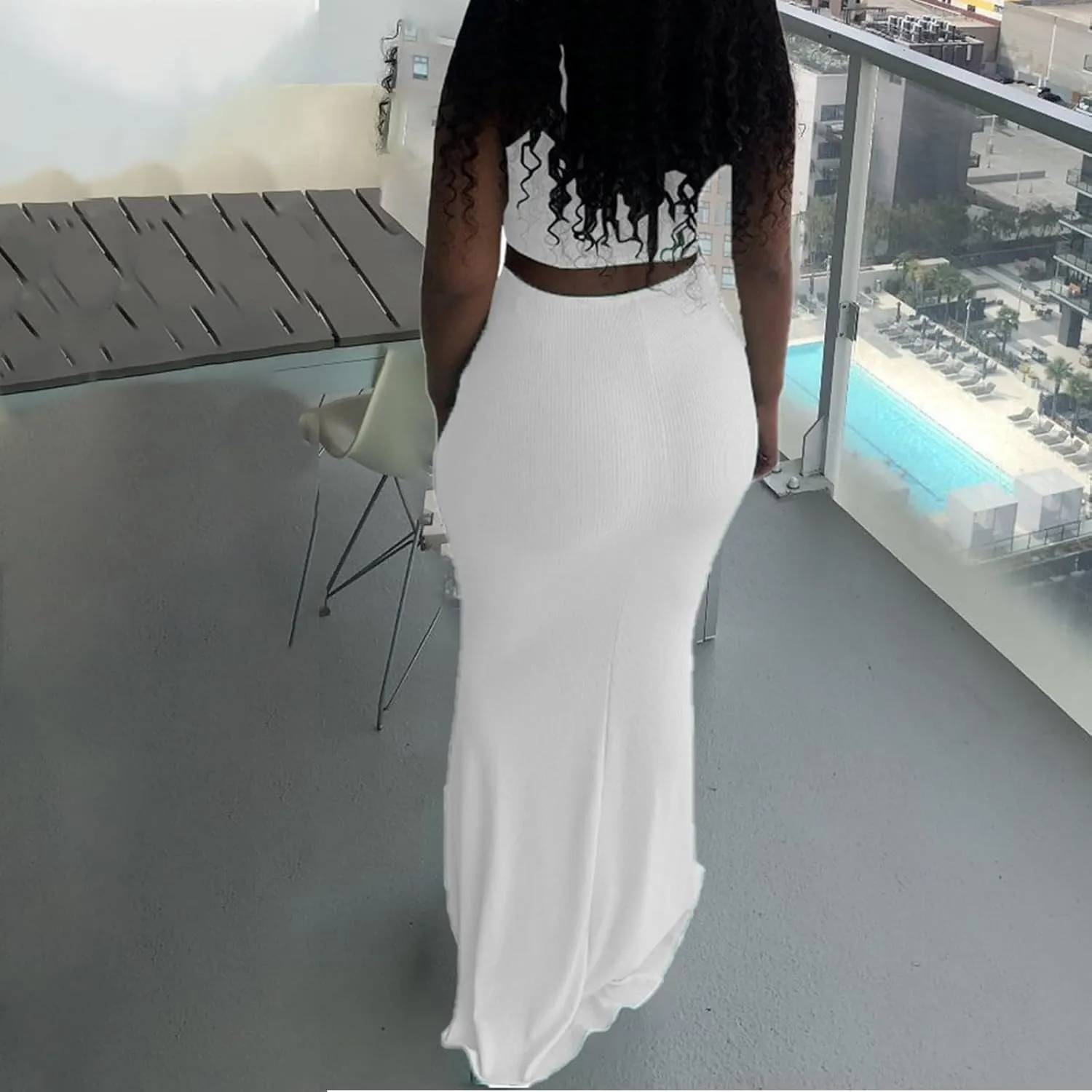 hlysgo Two Piece Outfits for Women Sexy Shirring Sleeveless Round Neck Crop Tops Drawstring Waist Maxi Skirt Lounge Set