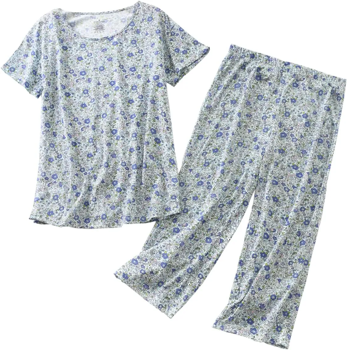 Inadays Womens Cotton Pajama Sets Short Sleeve Top With Capri Pants 2 piece sets for Women Summer Pajamas Lounge Set