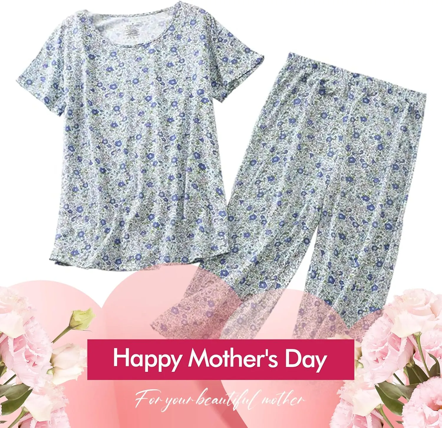 Inadays Womens Cotton Pajama Sets Short Sleeve Top With Capri Pants 2 piece sets for Women Summer Pajamas Lounge Set