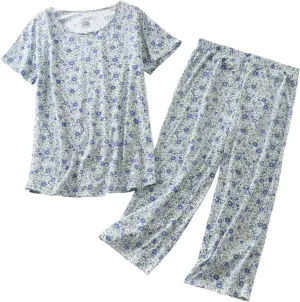 Inadays Womens Cotton Pajama Sets Short Sleeve Top With Capri Pants 2 piece sets for Women Summer Pajamas Lounge Set