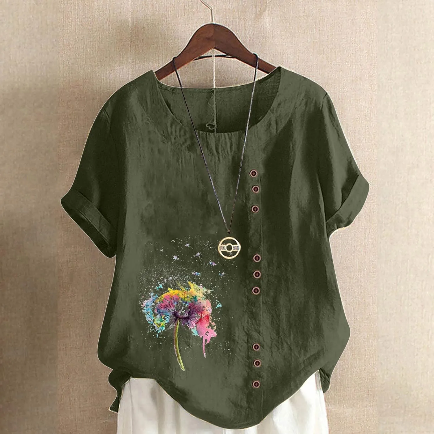 Juniors Tops Short Sleeve Blouses for Women Crew Neck Linen Daisy Floral Loose Fit Long Fall Summer Shirts 2024