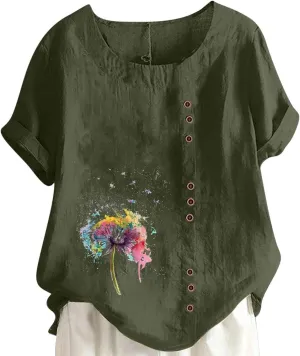 Juniors Tops Short Sleeve Blouses for Women Crew Neck Linen Daisy Floral Loose Fit Long Fall Summer Shirts 2024