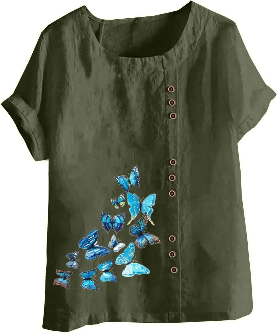 Juniors Tops Short Sleeve Blouses for Women Crew Neck Linen Daisy Floral Loose Fit Long Fall Summer Shirts 2024