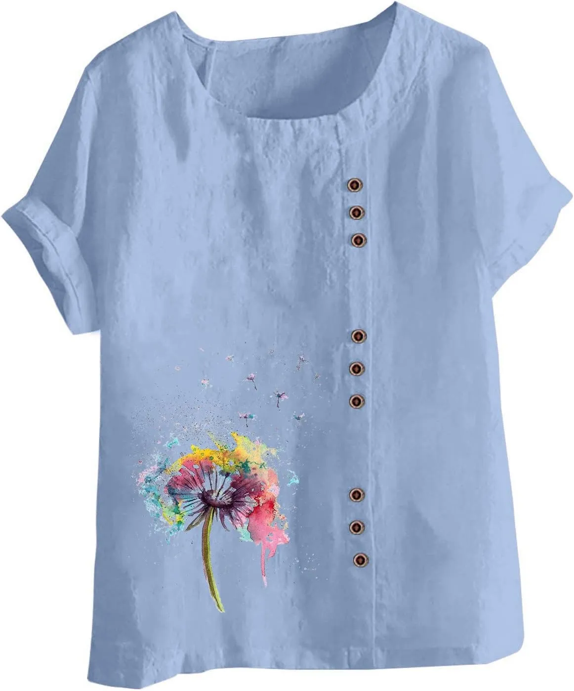 Juniors Tops Short Sleeve Blouses for Women Crew Neck Linen Daisy Floral Loose Fit Long Fall Summer Shirts 2024