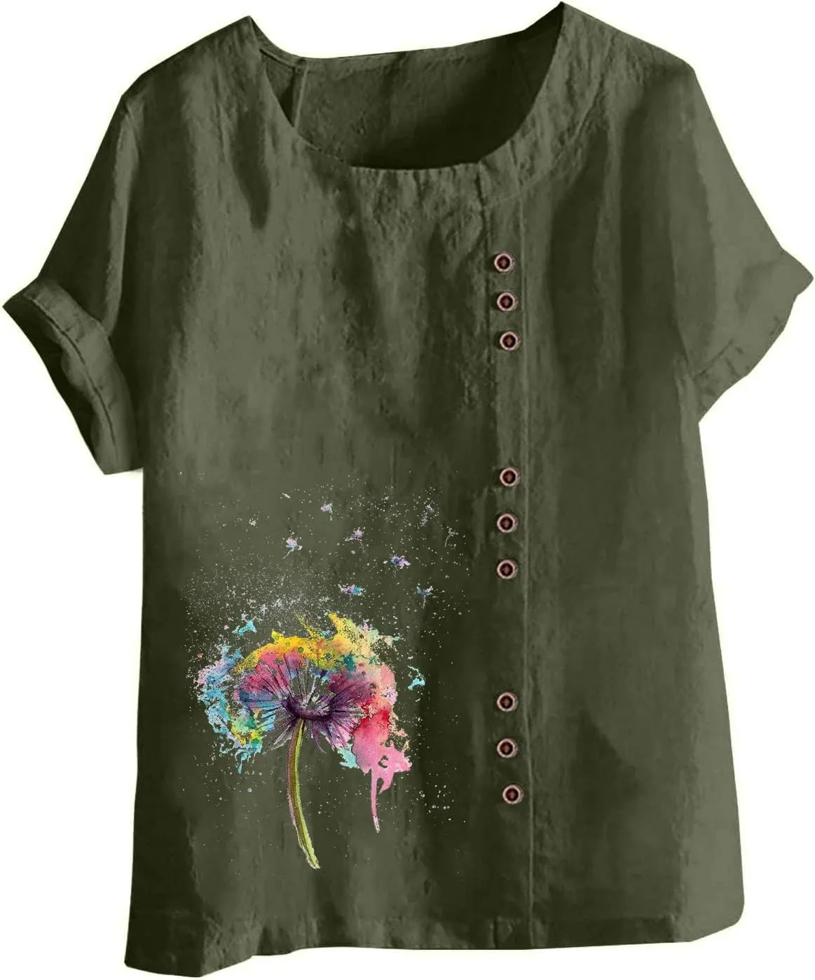 Juniors Tops Short Sleeve Blouses for Women Crew Neck Linen Daisy Floral Loose Fit Long Fall Summer Shirts 2024