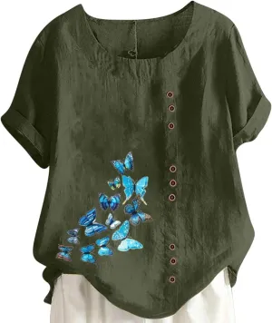 Juniors Tops Short Sleeve Blouses for Women Crew Neck Linen Daisy Floral Loose Fit Long Fall Summer Shirts 2024