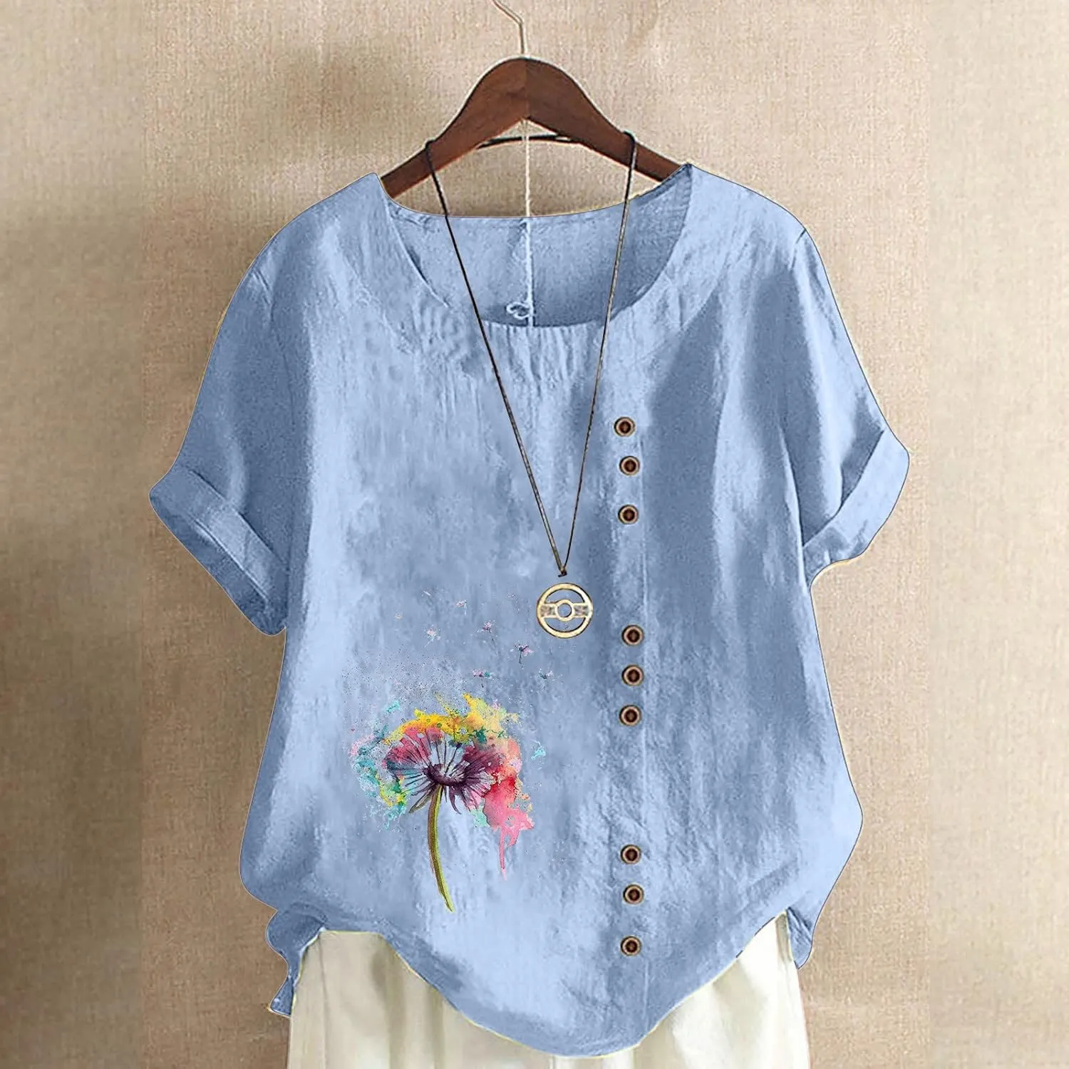 Juniors Tops Short Sleeve Blouses for Women Crew Neck Linen Daisy Floral Loose Fit Long Fall Summer Shirts 2024