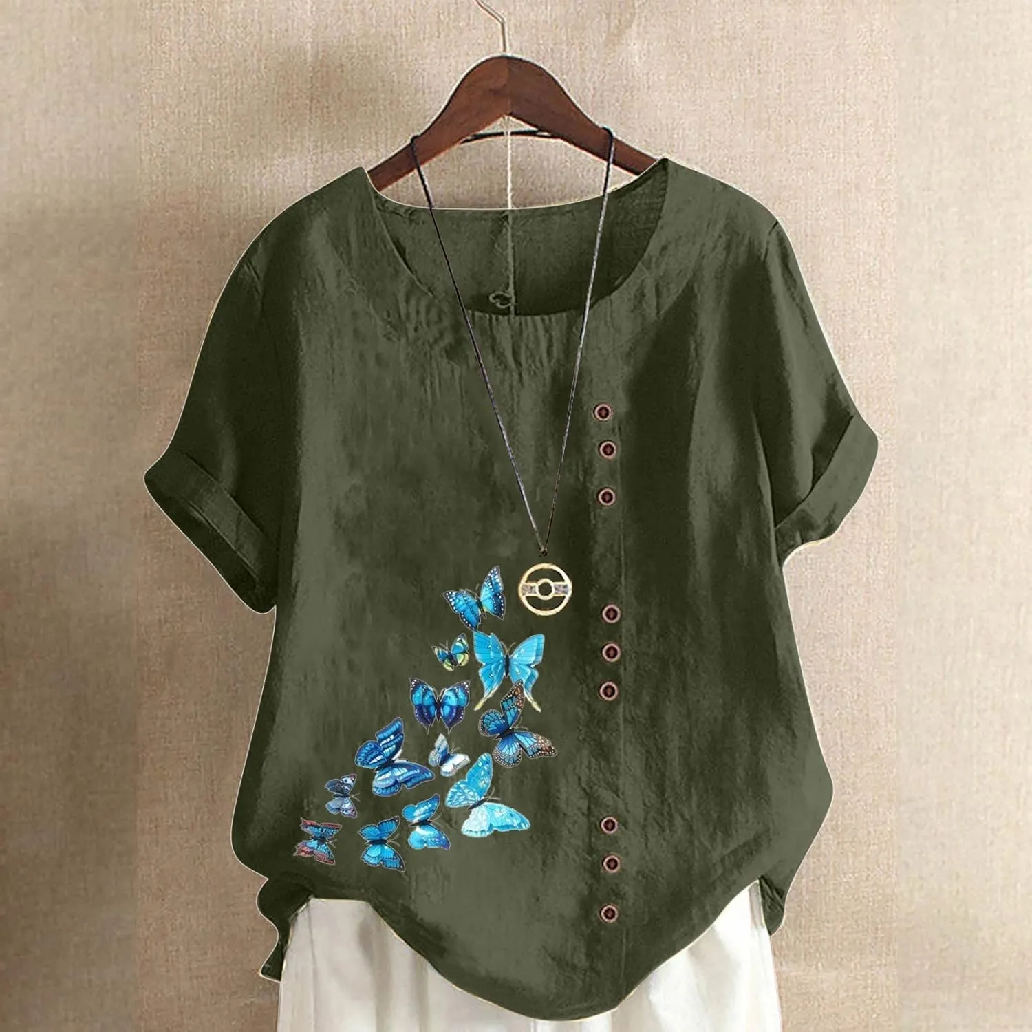 Juniors Tops Short Sleeve Blouses for Women Crew Neck Linen Daisy Floral Loose Fit Long Fall Summer Shirts 2024