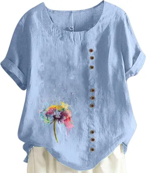 Juniors Tops Short Sleeve Blouses for Women Crew Neck Linen Daisy Floral Loose Fit Long Fall Summer Shirts 2024
