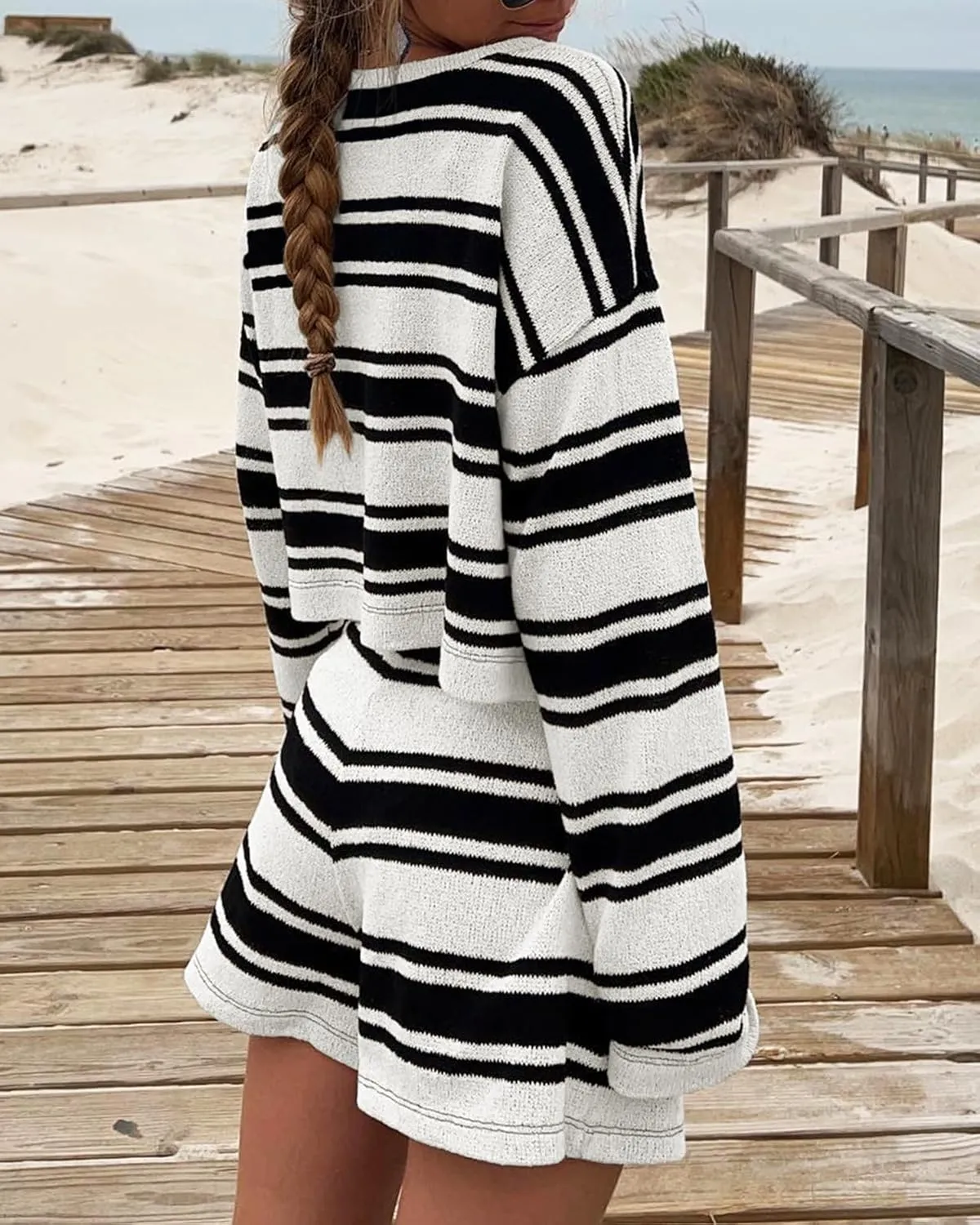 Langwyqu Womens Striped Pajama Sets Long Sleeve Crewneck Sweater Top and Shorts 2 Piece Outfits Lounge Sets