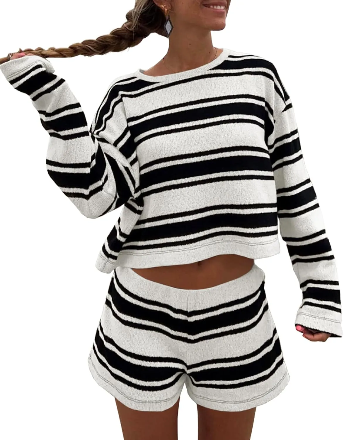 Langwyqu Womens Striped Pajama Sets Long Sleeve Crewneck Sweater Top and Shorts 2 Piece Outfits Lounge Sets