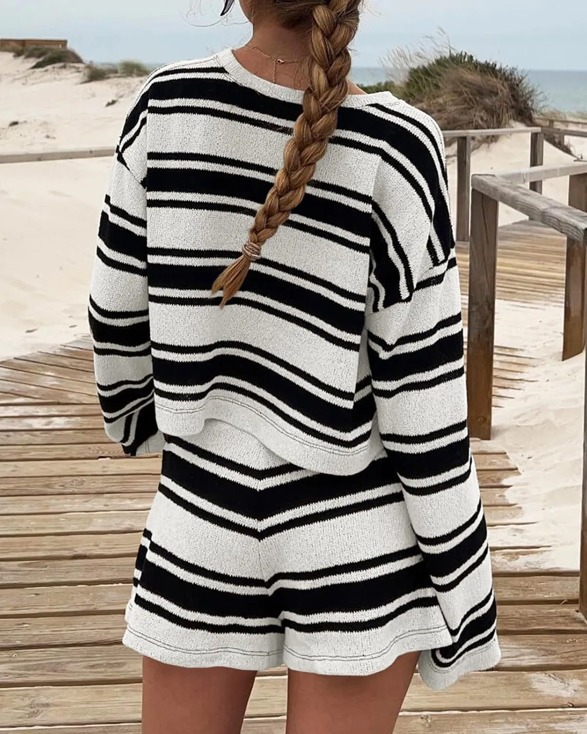Langwyqu Womens Striped Pajama Sets Long Sleeve Crewneck Sweater Top and Shorts 2 Piece Outfits Lounge Sets