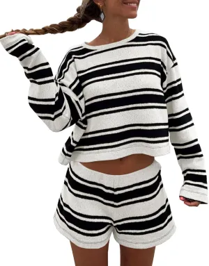 Langwyqu Womens Striped Pajama Sets Long Sleeve Crewneck Sweater Top and Shorts 2 Piece Outfits Lounge Sets
