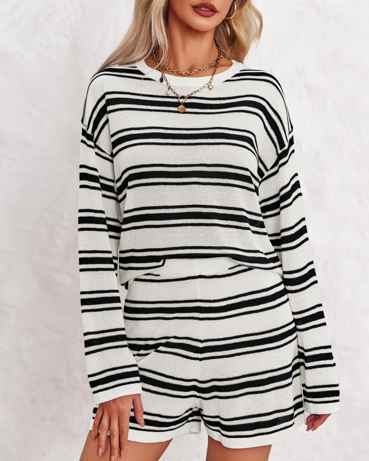 Langwyqu Womens Striped Pajama Sets Long Sleeve Crewneck Sweater Top and Shorts 2 Piece Outfits Lounge Sets