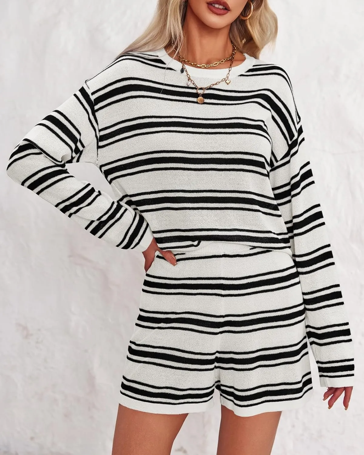 Langwyqu Womens Striped Pajama Sets Long Sleeve Crewneck Sweater Top and Shorts 2 Piece Outfits Lounge Sets