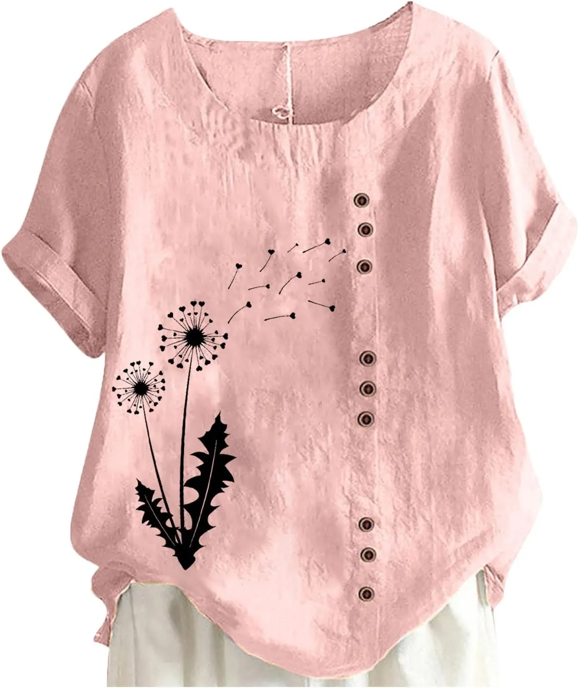 Lastesso Casual Tops for Women Soft Cotton Linen Summer Shirts 2024 Loose Size Roud Neck Short Sleeve Vacation Blouses