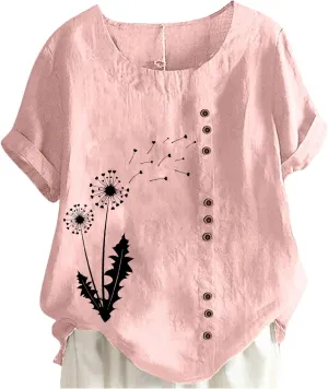 Lastesso Casual Tops for Women Soft Cotton Linen Summer Shirts 2024 Loose Size Roud Neck Short Sleeve Vacation Blouses