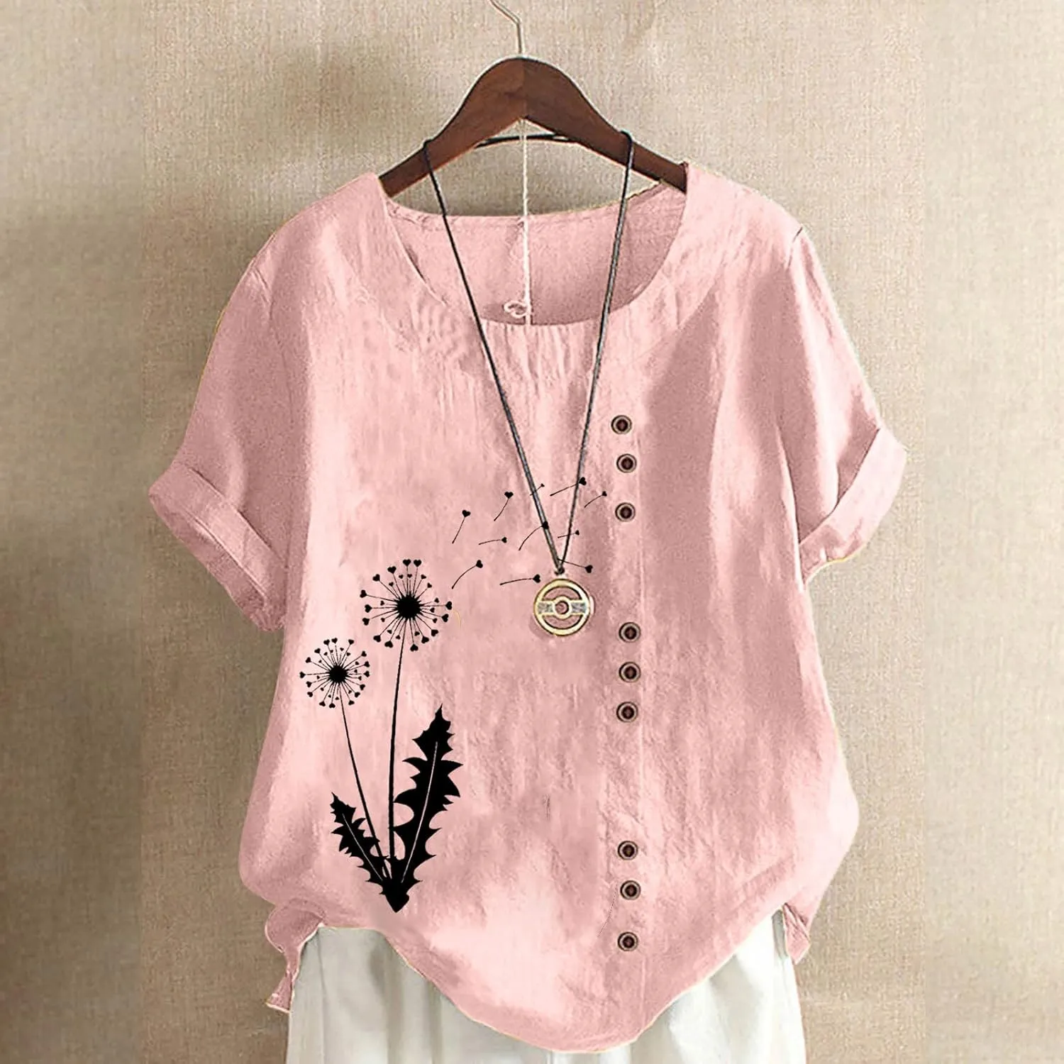 Lastesso Casual Tops for Women Soft Cotton Linen Summer Shirts 2024 Loose Size Roud Neck Short Sleeve Vacation Blouses