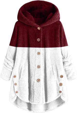LCMTWX Winter Coats for Women Long Hooded Button Fleece Sleeve Plus Size Women Women's Color Block Patchwork Cardigan