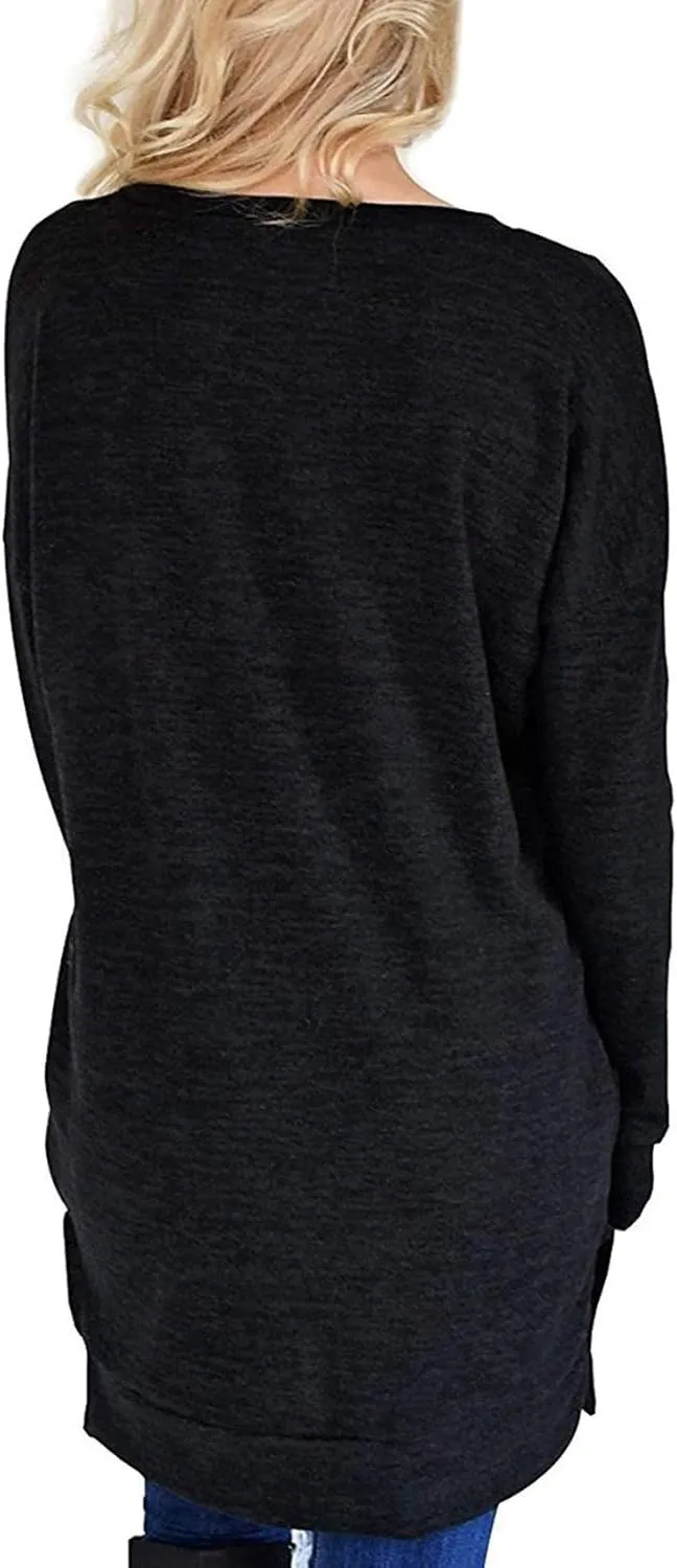LERUCCI Womens Casual Long Sleeves Solid V-Neck Tunics Shirt Tops with Pockets