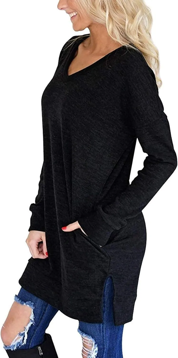 LERUCCI Womens Casual Long Sleeves Solid V-Neck Tunics Shirt Tops with Pockets