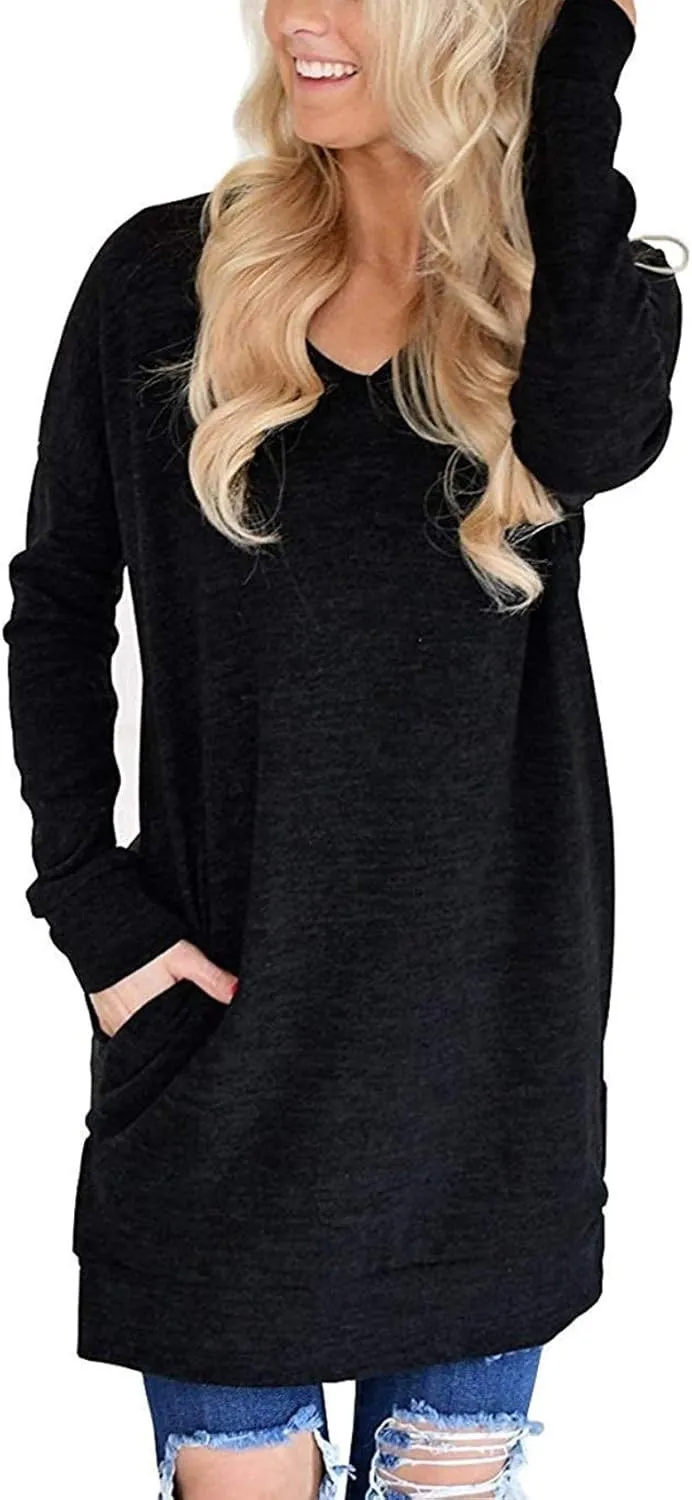 LERUCCI Womens Casual Long Sleeves Solid V-Neck Tunics Shirt Tops with Pockets