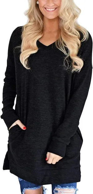 LERUCCI Womens Casual Long Sleeves Solid V-Neck Tunics Shirt Tops with Pockets