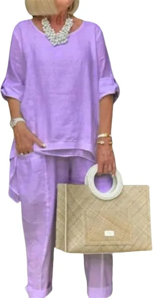 Linen 2 Piece Set for Women Plus Size Dressy Casual Cotton Linen Outfits Long Sleeve Shirts Wide Leg Trousers