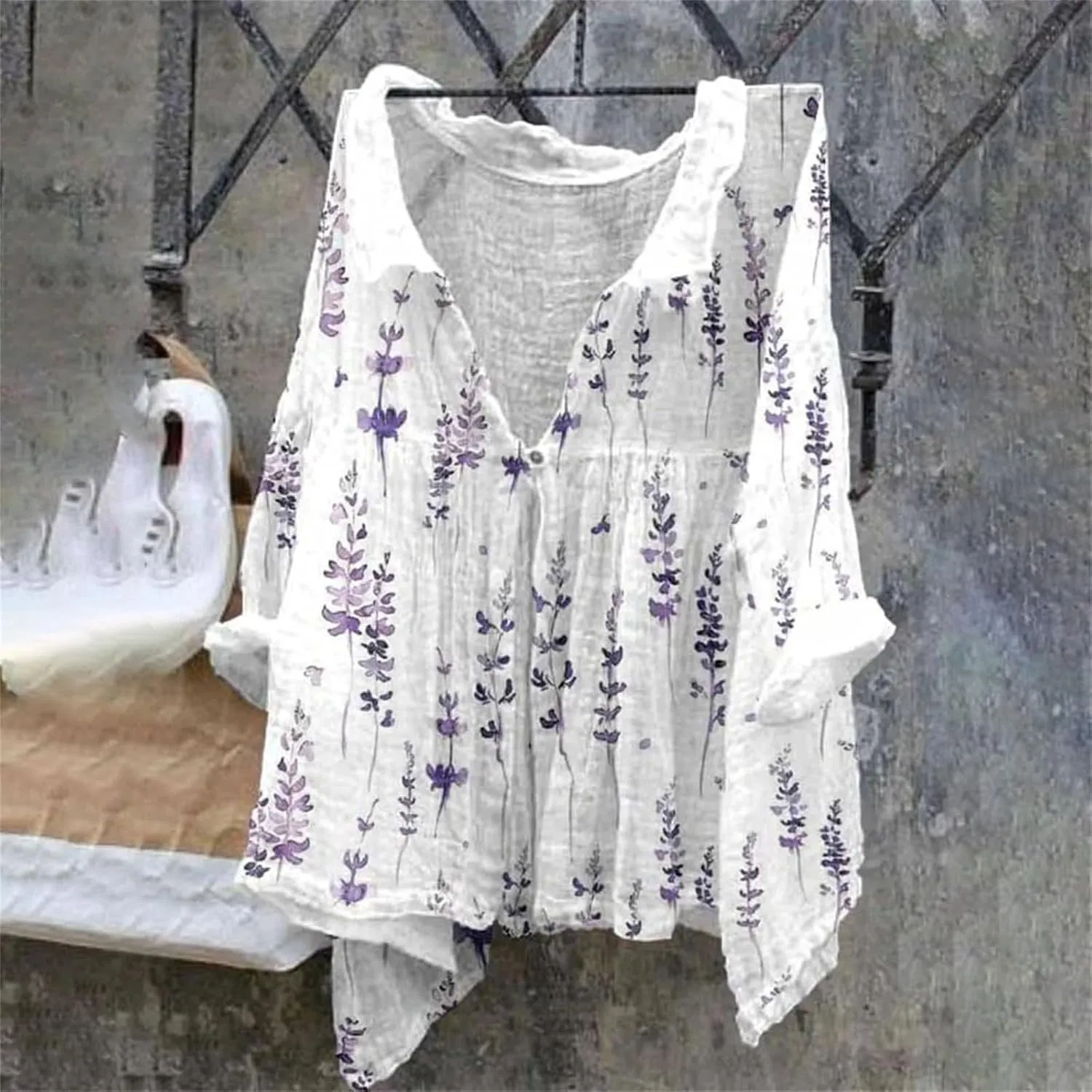 Linen Button Down Shirt Women Summer Plus Size Lightweight Butterfly Print Blouses Dressy Casual No Collar Gauze Tee