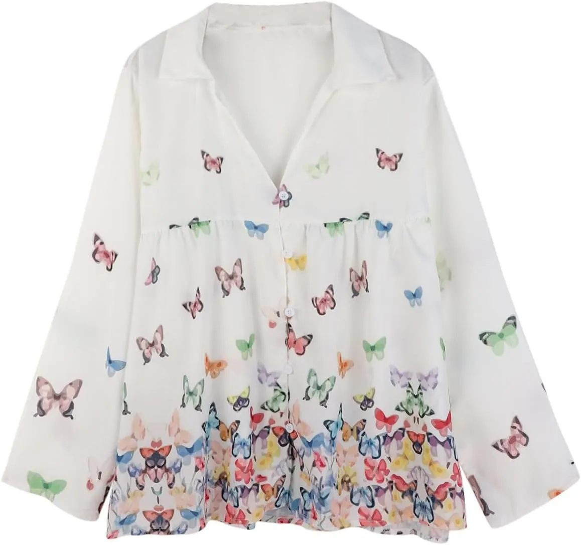 Linen Button Down Shirt Women Summer Plus Size Lightweight Butterfly Print Blouses Dressy Casual No Collar Gauze Tee