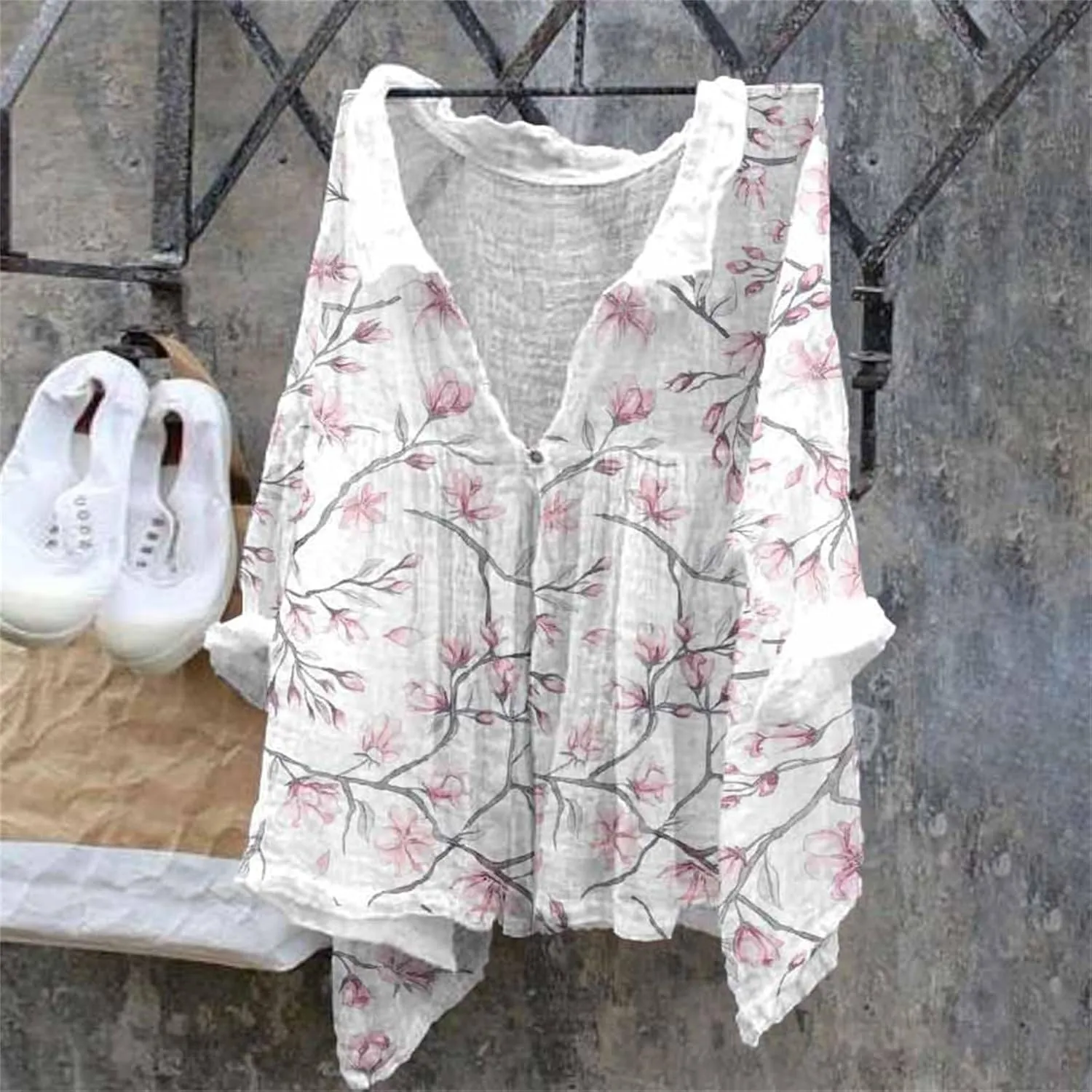 Linen Button Down Shirt Women Summer Plus Size Lightweight Butterfly Print Blouses Dressy Casual No Collar Gauze Tee