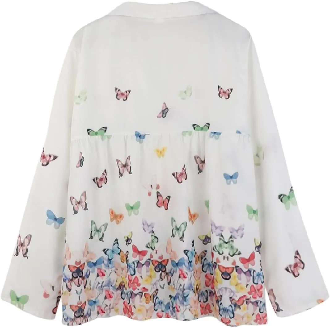 Linen Button Down Shirt Women Summer Plus Size Lightweight Butterfly Print Blouses Dressy Casual No Collar Gauze Tee