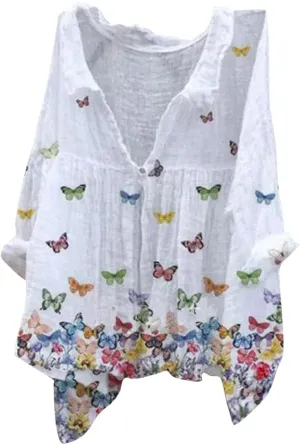 Linen Button Down Shirt Women Summer Plus Size Lightweight Butterfly Print Blouses Dressy Casual No Collar Gauze Tee